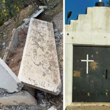 Bild på de förstörda gravarna i Hermota och den stenade kyrkan i Deralok. Foto: sociala medier